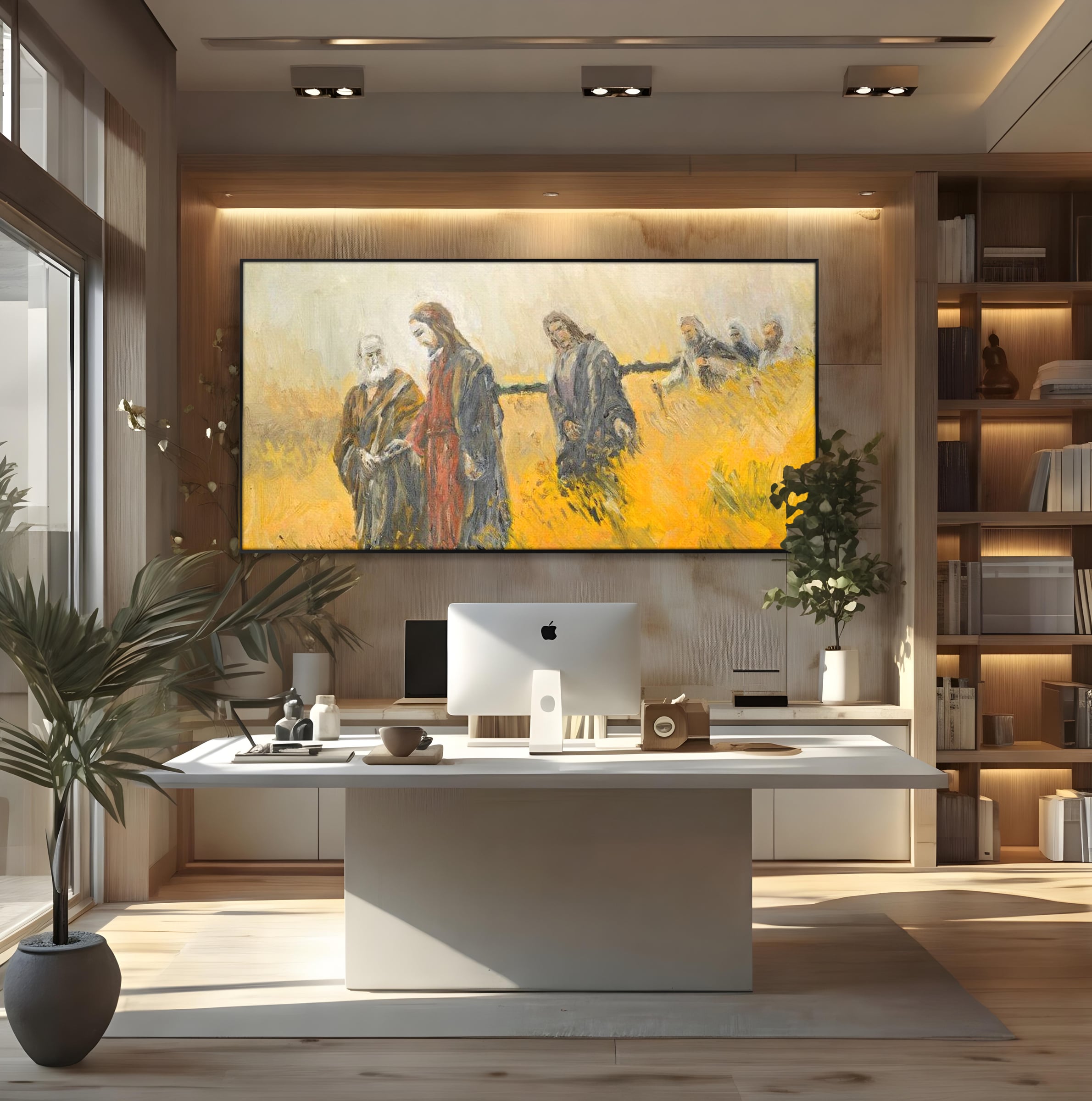 Tablou canvas cu tablou canvas cu isus si apostolii pe drum, in rama de aluminiu negru, pe perete intr-un birou